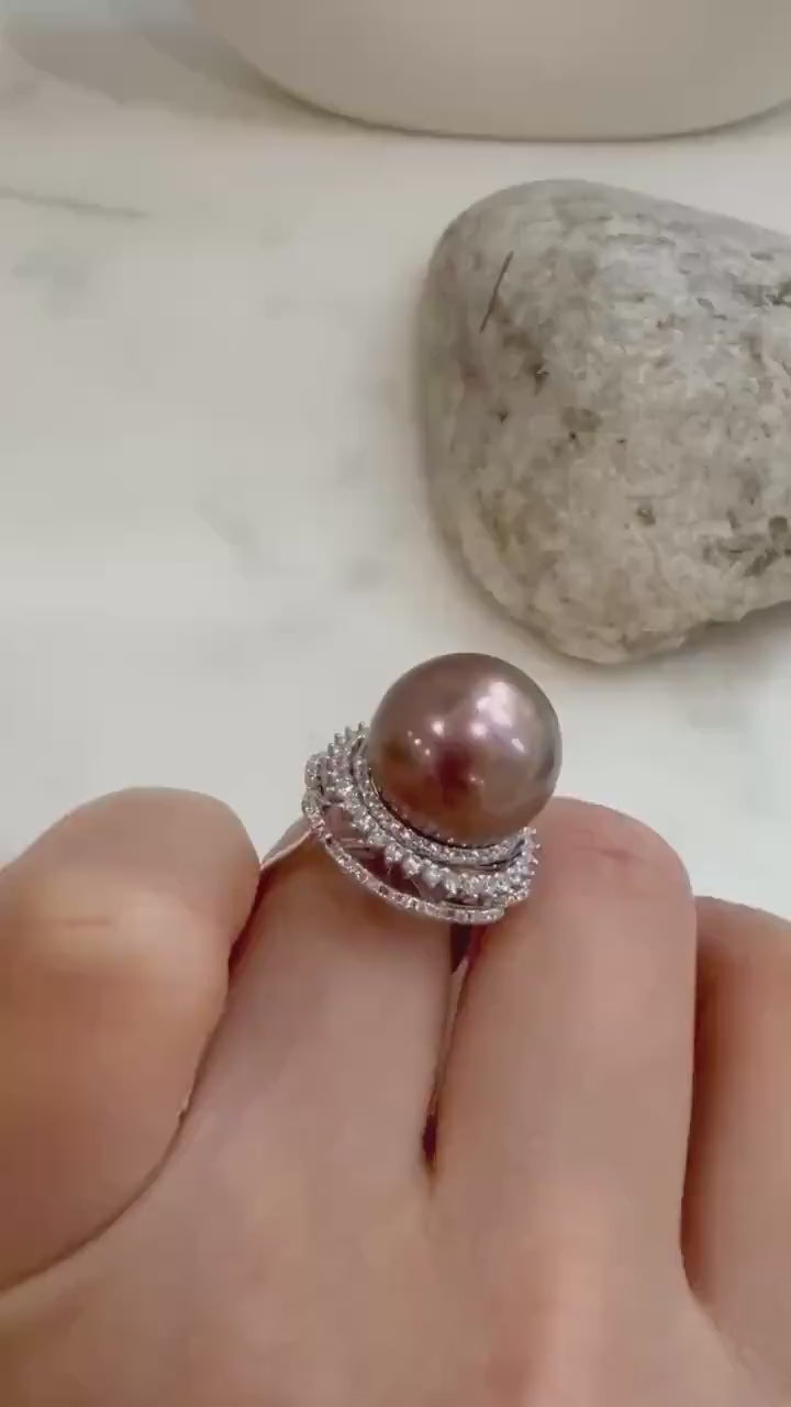 Elly’s 15mm supervalue! Strong luster Freshwater Edison metallic rose gold round pearl cool silver adjustable rotatable ring gift for her.