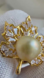 Elly’s South sea golden pearl Maple Leaf brooch: Extreme luster mirrored, 9mm, ultra gold pearl. Pearl jewelry idea