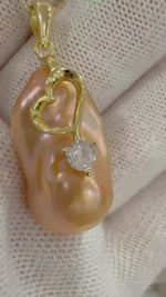 Elly’s Strong luster fireball Peach Gold baroque Pearl dazzling stylish S925 silver pendant necklace set gift for her birthday to 27mm(