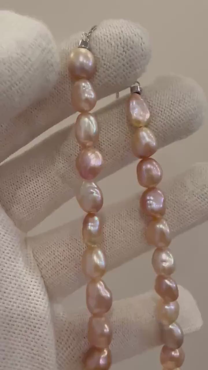 Elly’s 6-9mm Baroque Keshi genius pink champagne pearl necklace choker elegant attractive perfect anniversary gift for her.