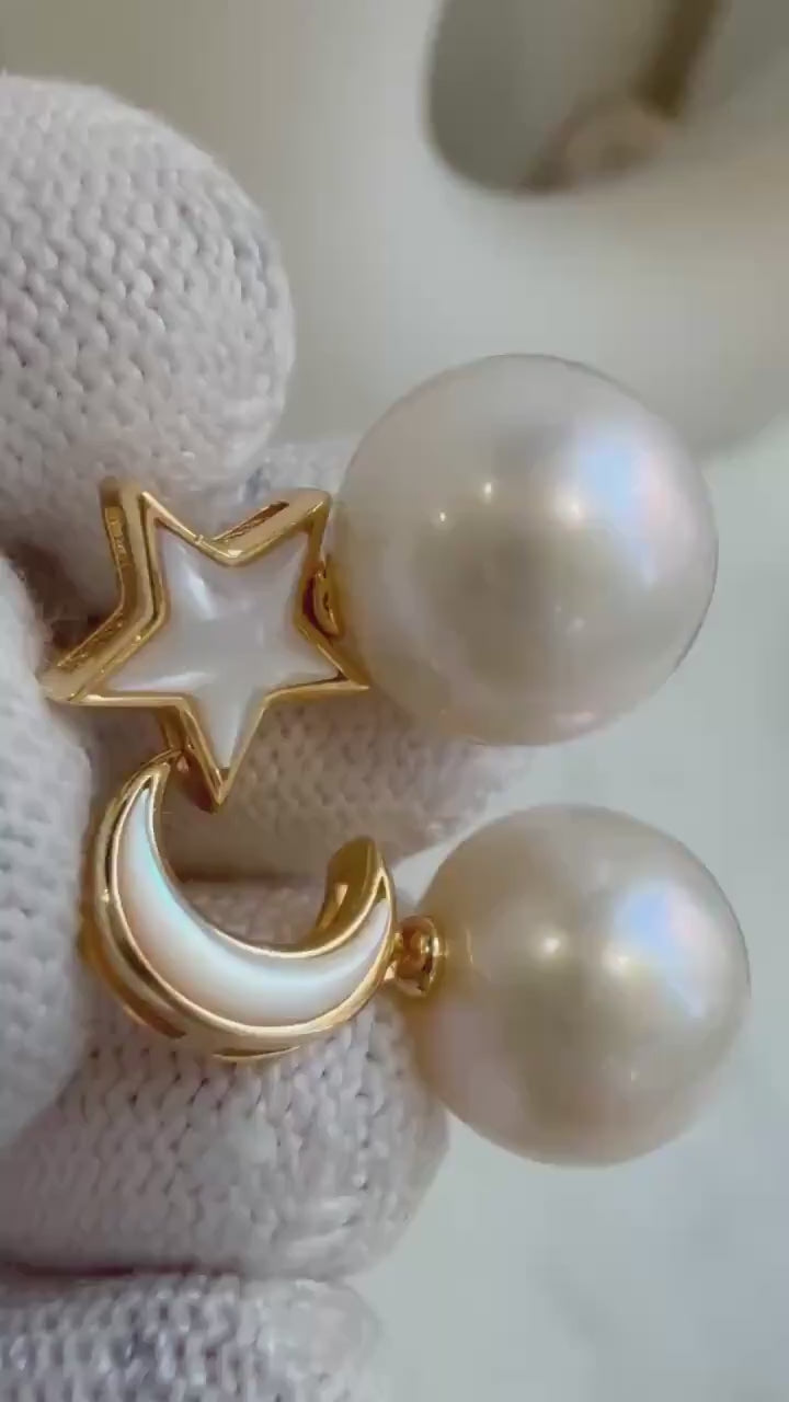 Elly’s 12.2mm Edison white Pearls Star Moon Earrings: Extreme luster Mirrored, 2.2cm high, S925 silver earrings.