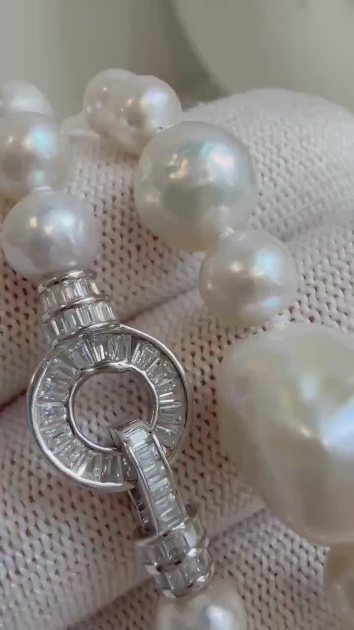 Elly’s 6.4-12.9mm White iridescent Pearls Necklace: Extreme luster, 20.9” knotted, S925 silver Necklace.