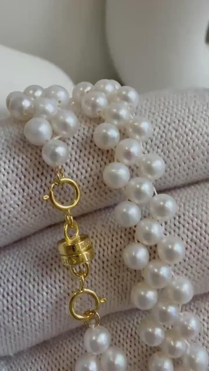 Elly’s 3-ply 4.2-4.4mm white pearls necklace: Extreme luster, Handmade, 16.7”, S925 silver magnetic clips necklace strand.