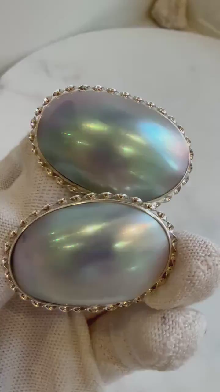 Elly’s Blue iridescent Ocean Mabe Huge Earrings: Extreme luster, 2.7x3.8cm, S925 silver earrings.