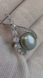 Tahitian Keshi Exceptional Elegant platinum with green hue Ocean Pearl pendant adjustable chain Necklace unique gift for her. 12.3x13.3mm