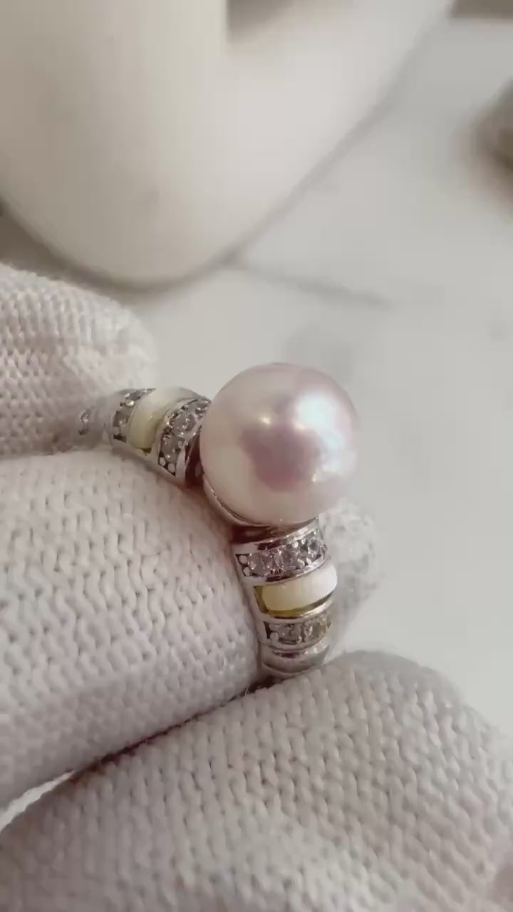 Elly’s Akoya Extreme luster Mirrored ivory Ocean natural Pearl s925 silver adjustable vintage Statement engagement Ring. Gift for her. 7.5mm