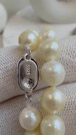 Elly’s 7-7.4mm 59pcs Akoya light golden ocean pearls necklace:Extreme luster mirrored, knotted, 18.7”, S925 silver necklace strand.