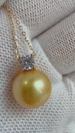 Elly’s 11mm South sea deep gold Pearl pendant: Extreme luster mirrored, 1.5cm high, S925 silver castle pendant chain set.