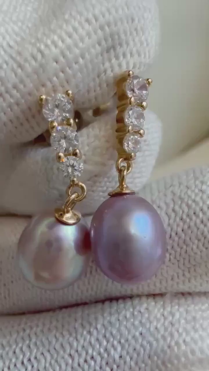 7.9mm Freshwater pearls Earrings: Extreme luster mirrored, Metallic rose lavender, 2.2cm high, S925 silver earrings.Pearl Jewelry Idea.