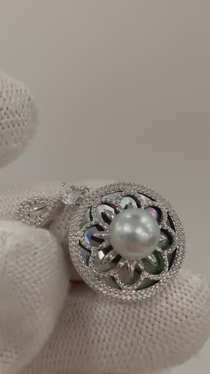 Elly’s Exceptional Elegant Akoya silver blue Pearl shell vintage pendant Necklace. Unique engagement gift for her. 6.7mm