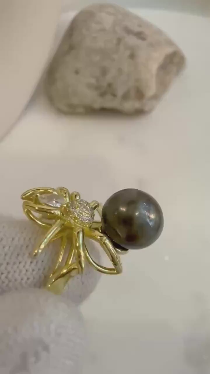 Elly’s Tahitian Ocean round  natural Green brown Pearl s925 silver Spider adjustable cool daily office ring. 9.4x10.2mm