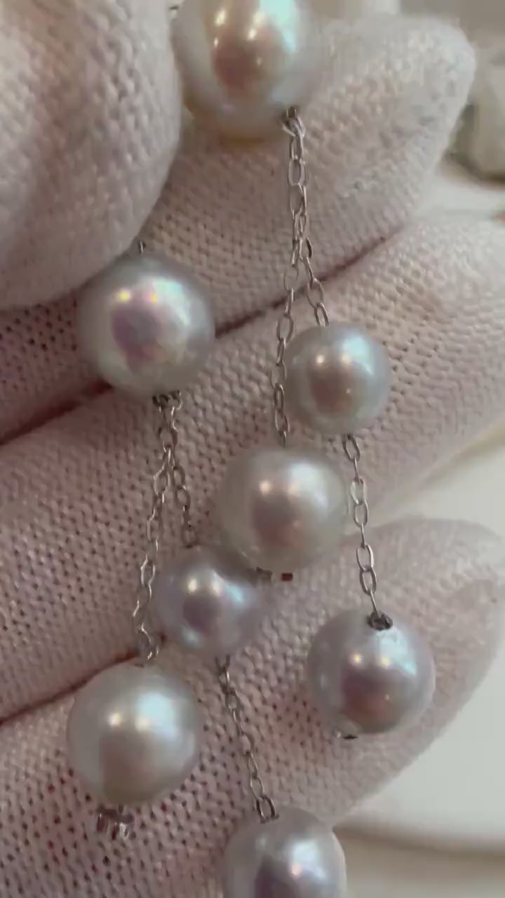 Elly’s 8pcs 6.3-8.3mm Akoya strong luster natural ocean blue silver pearl s925 silver daily earrings chandeliers