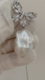 Elly’s 16x22mm Extreme luster Elegant white iridescent Baroque Pearl silver chain Necklace gift for her.