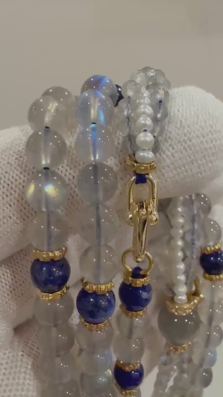 33in White Keshi pearl with Grey Moonlight Gemstone Blue Crystal bracelet necklace Sweater necklace 3in1 anniversary engagement gift for her