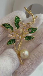 South sea golden pearl floral brooch pendant 2in1: Extreme luster, 9.3mm, light gold pearl. 4x6.2cm, s925 silver chain for seperate purchase