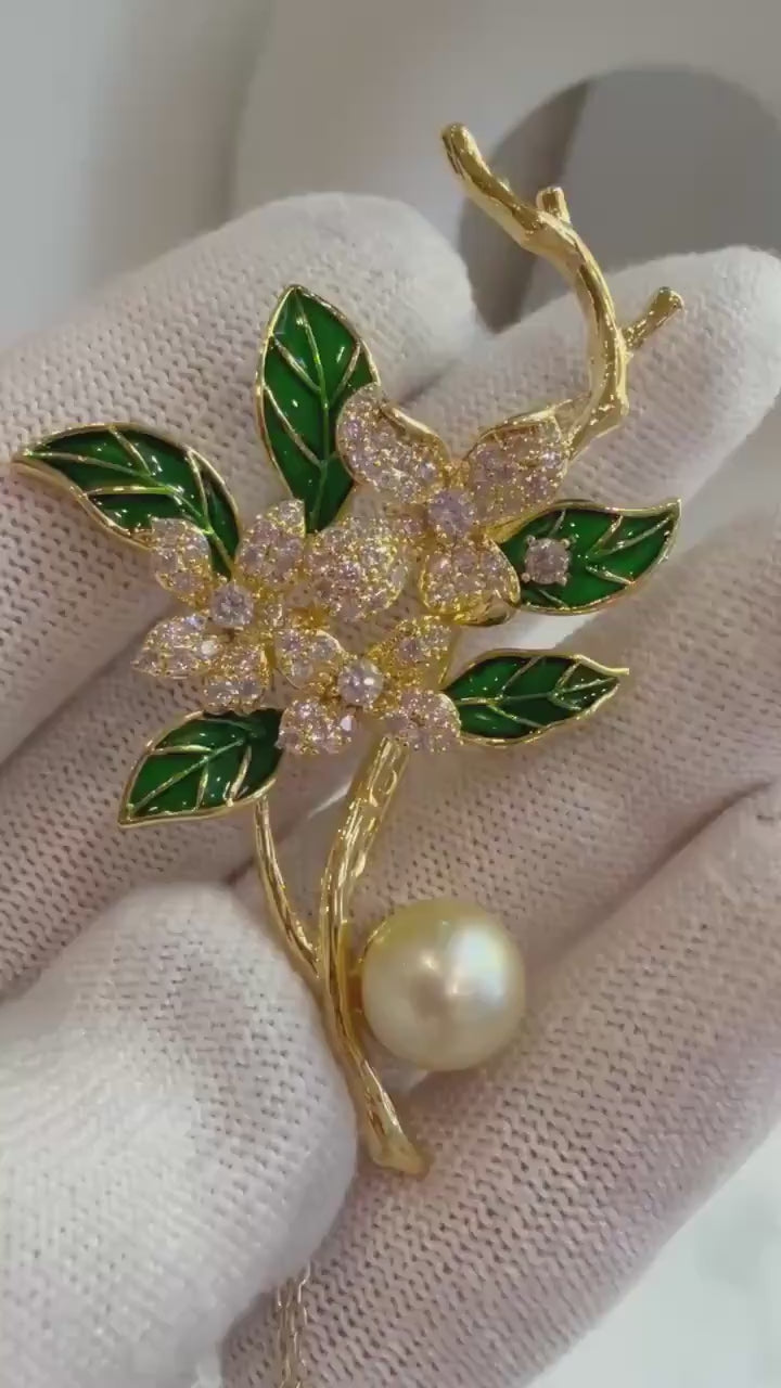 South sea golden pearl floral brooch pendant 2in1: Extreme luster, 9.3mm, light gold pearl. 4x6.2cm, s925 silver chain for seperate purchase