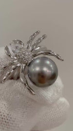 Tahitian Ocean round  natural Platinum Green Pearl zircon Spider s925 silver adjustable ring unique gift for her. Statement Ring.10.3mm