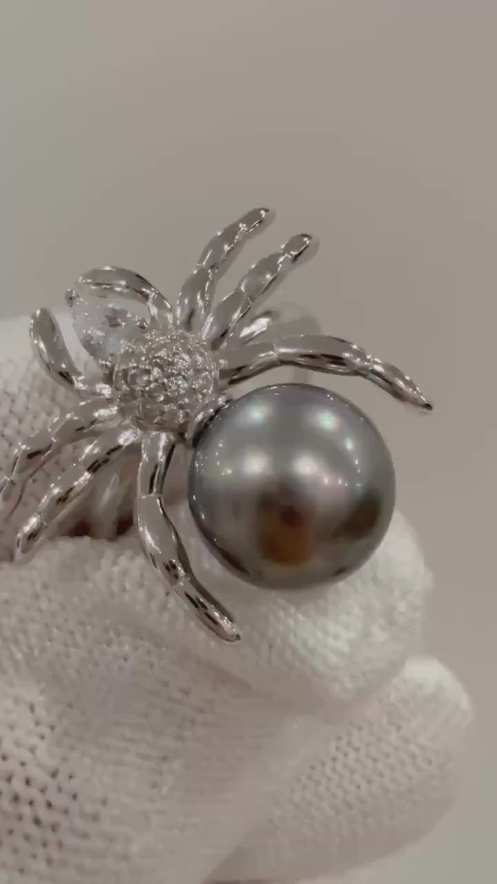 Tahitian Ocean round  natural Platinum Green Pearl zircon Spider s925 silver adjustable ring unique gift for her. Statement Ring.10.3mm