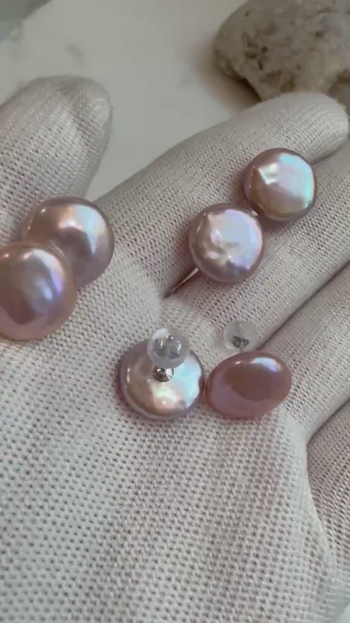 Elly’s Not for seperate purchase! 12.9mm Strong luster round rose button Pearls dazzling S925 silver earrings studs gift for her.