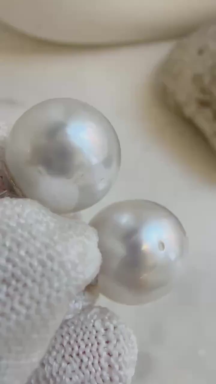 Elly’s 13mm Huge Australian Ocean White Pearls Earrings Studs: Extreme luster mirrored, S925 silver minimalist earrings studs.