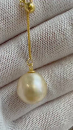 Elly’s 11.9mm South Sea champagne Gold Ocean Pearl Pendant Y-Lariat necklace set: Extreme luster mirrored, s925 silver chain set.