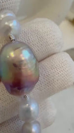 Elly’s 8-14.6mm White metallic rainbow iridescent Pearls Bracelet: Extreme luster mirrored, 8.5” knotted, S925 silver Bracelet.