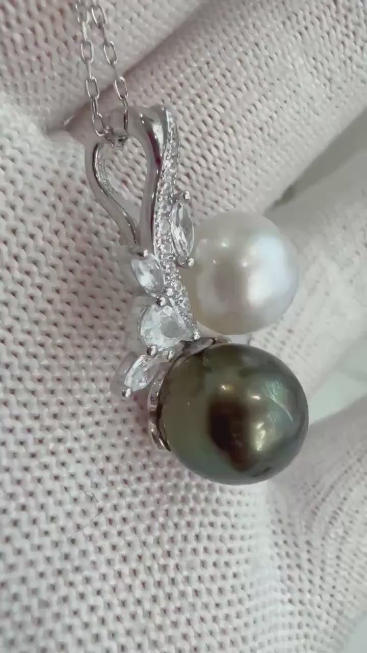 Australian Ocean White Tahitian ocean green Double pearls Pendant: 9.3-10.3mm, Extreme luster, S925 Silver floral pendant necklace set.