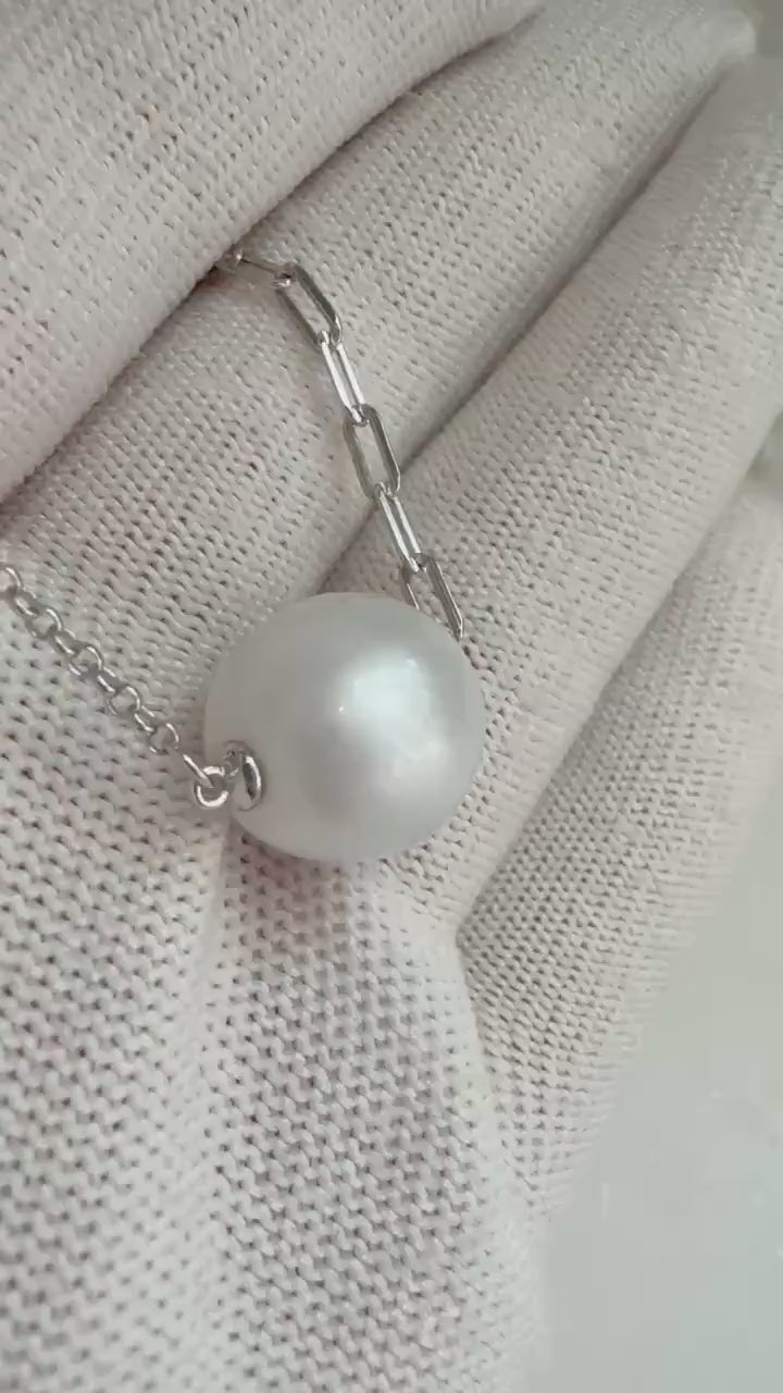 12.8mm Australian Ocean Cold white Pearl extremely strong luster pendant silver chain Classic Necklace set unique gift for her birthday.