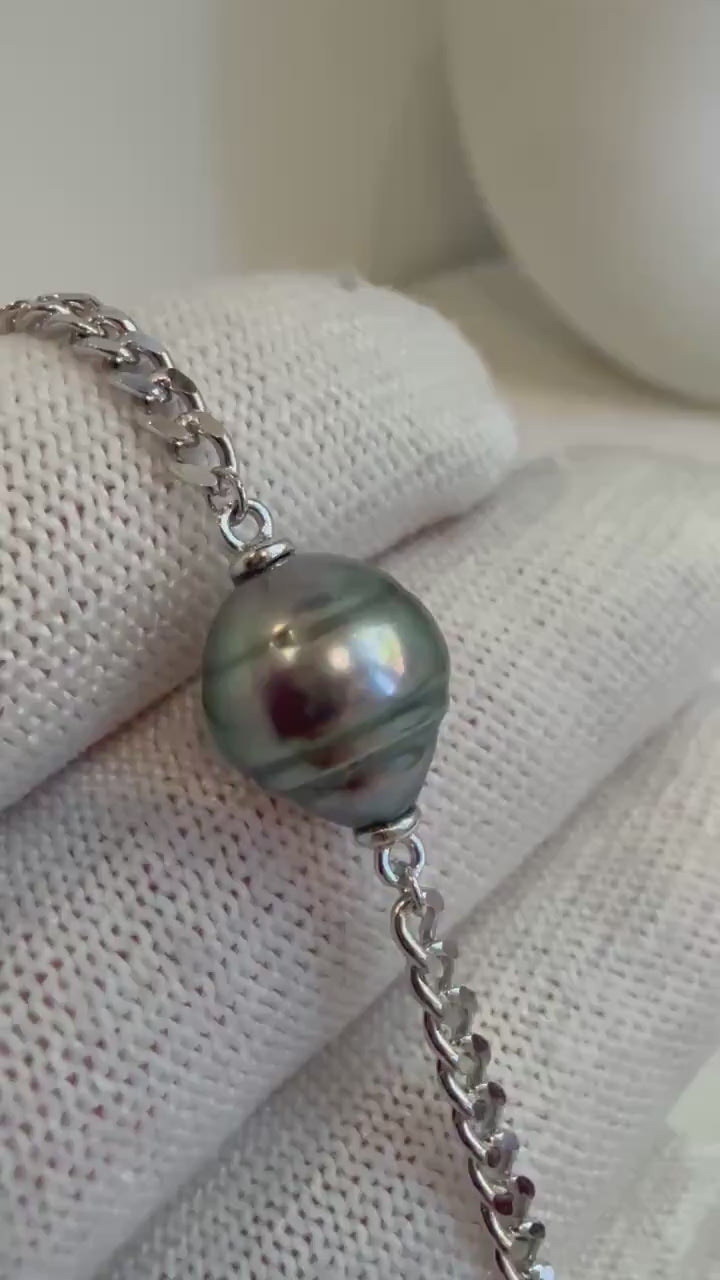 Elly’s 10.2mm Extreme luster mirrored Tahitian Ocean Saltwater Elegant Silver green Pearl s925 silver adjustable daily bracelet.