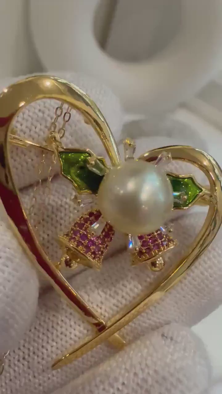 South Sea Golden Pearl Christmas Bell Brooch Pendant 2in1: 8.8mm, extreme luster mirrored, 3.5x4cm. s925 silver chain for seperate purchase.