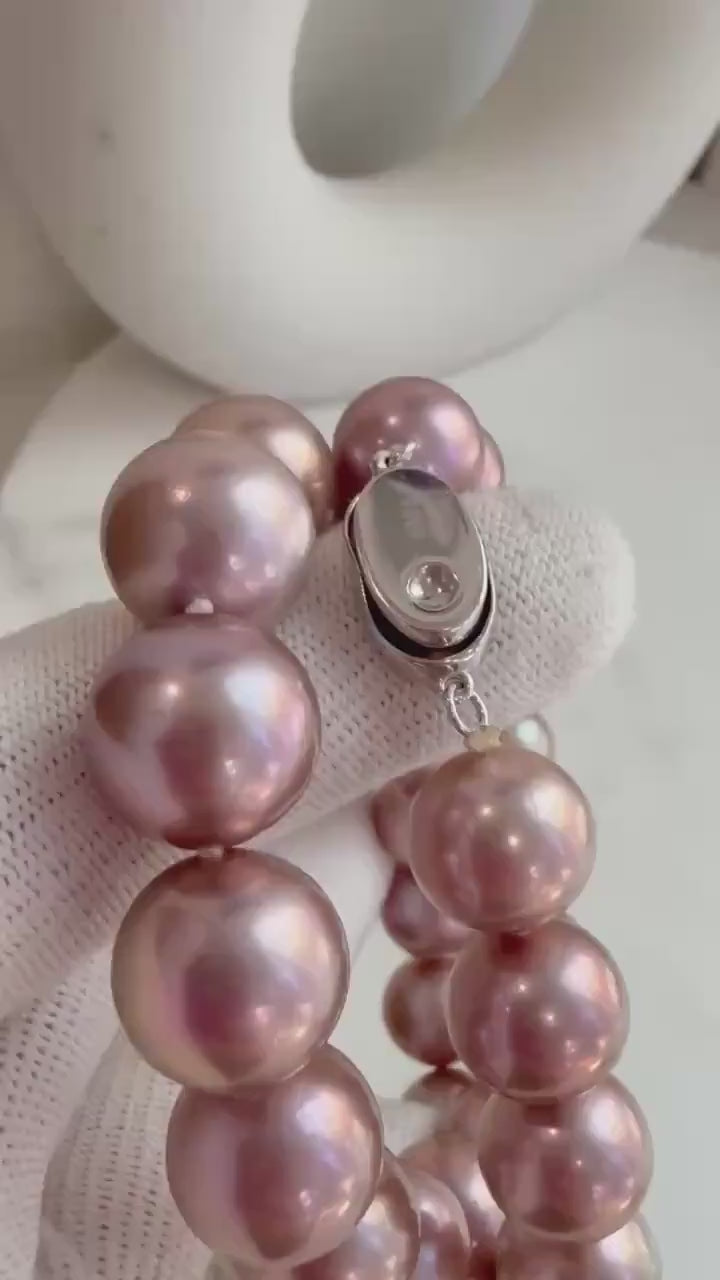 Elly’s 32pcs extreme luster mirrored Huge rose gold Edison pearl necklace choker elegant anniversary gift for her. 12-13.6mm, 17.3” knotted