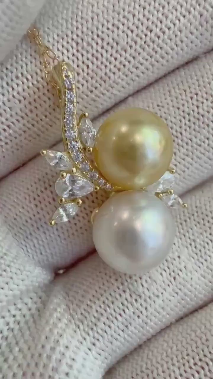 Elly’s Double Pearls Australian White South Sea Golden Ocean Pearls floral pendant Necklace unique engagement gift for her. 9.9-10.5mm