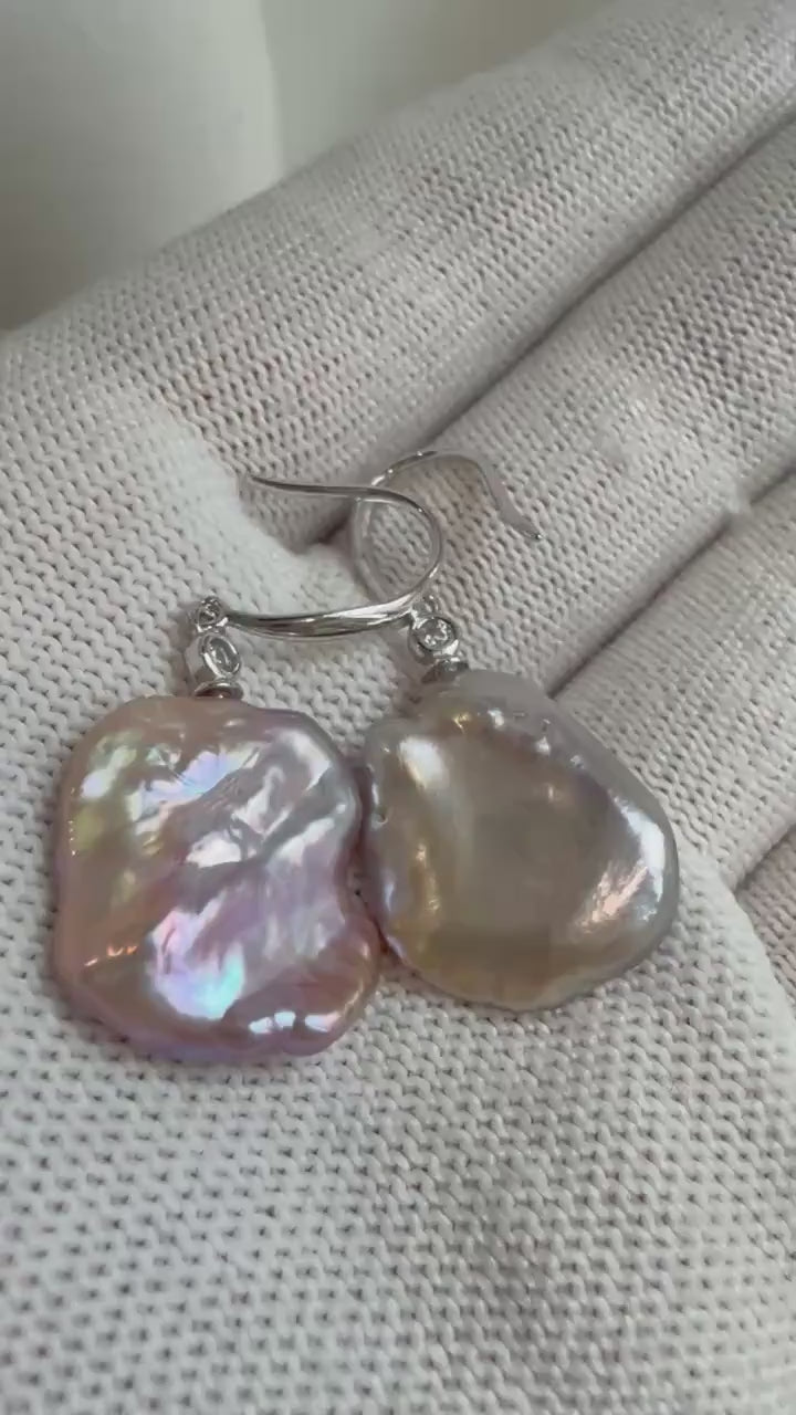 Freshwater Keshi pearls Earrings: Extreme luster mirrored, Rose Mint Iridescent, 15.5-16.3mm, S925 silver earrings hooks.Pearl Jewelry Idea.