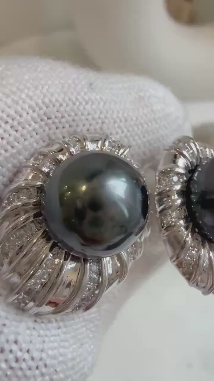 Elly’s 10.4mm Tahitian Peacock green hunter ocean pearls earrings: Extreme luster mirrored, S925 silver fireworks earrings. Pearl jewelry.