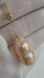 Elly’s Peanut Keshi Pearl Necklace Set: Extreme luster, peach gold iridescent green hue, 12.9x24.3mm,s925 silver necklace set.