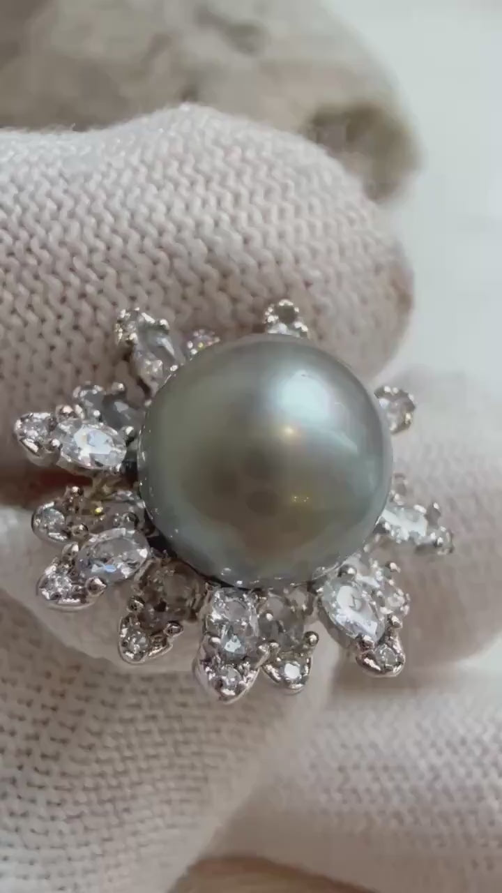 Elly’s 10.1mm Tahitian Ocean Platinum Pearl Ring: Extreme luster mirrored, S925 silver Floral adjustable Ring. Pearl Jewelry Idea.