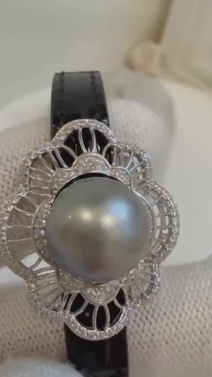 Elly’s 11.3mm Tahitian Platinum Ocean Pearl Genius Leather Strap Bracelet: extreme luster mirrored, for 6.1”- 8” wrist.