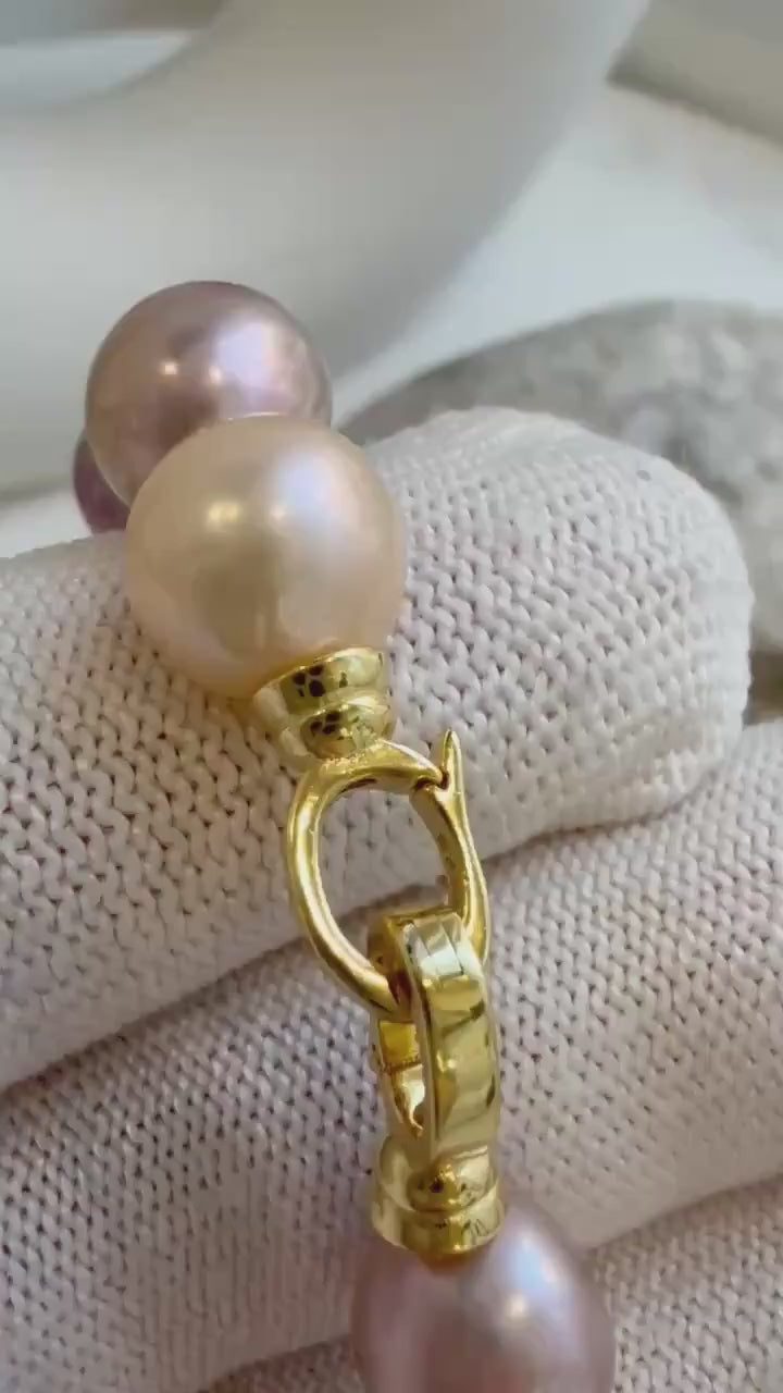 Elly’s 17pcs 9.3-11.2mm Natural Multicolor Edison Pearls Bracelet: Extreme luster mirrored, 8.3” knotted, S925 silver Bracelet.