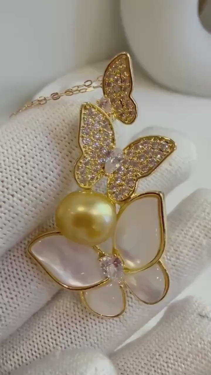 South Sea pure Golden Ocean Pearl Brooch Pendant 2in1: Extreme luster 9.5x10.5mm, cool butterfly brooch. s925 silver chain not included.