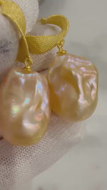 Elly’s In sale strong luster peach gold iridescent baroque Pearls dangling earrings S925 silver earrings hook affordable price. to 22.6mm