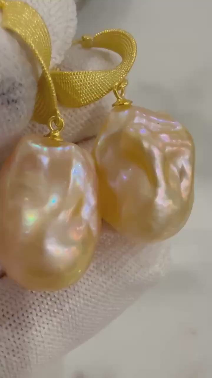 Elly’s In sale strong luster peach gold iridescent baroque Pearls dangling earrings S925 silver earrings hook affordable price. to 22.6mm