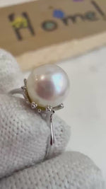 Elly’s Australian Ocean 7.5mm extreme luster Cold white small Pearl  S925 silver minimalist adjustable ring unique gift for her