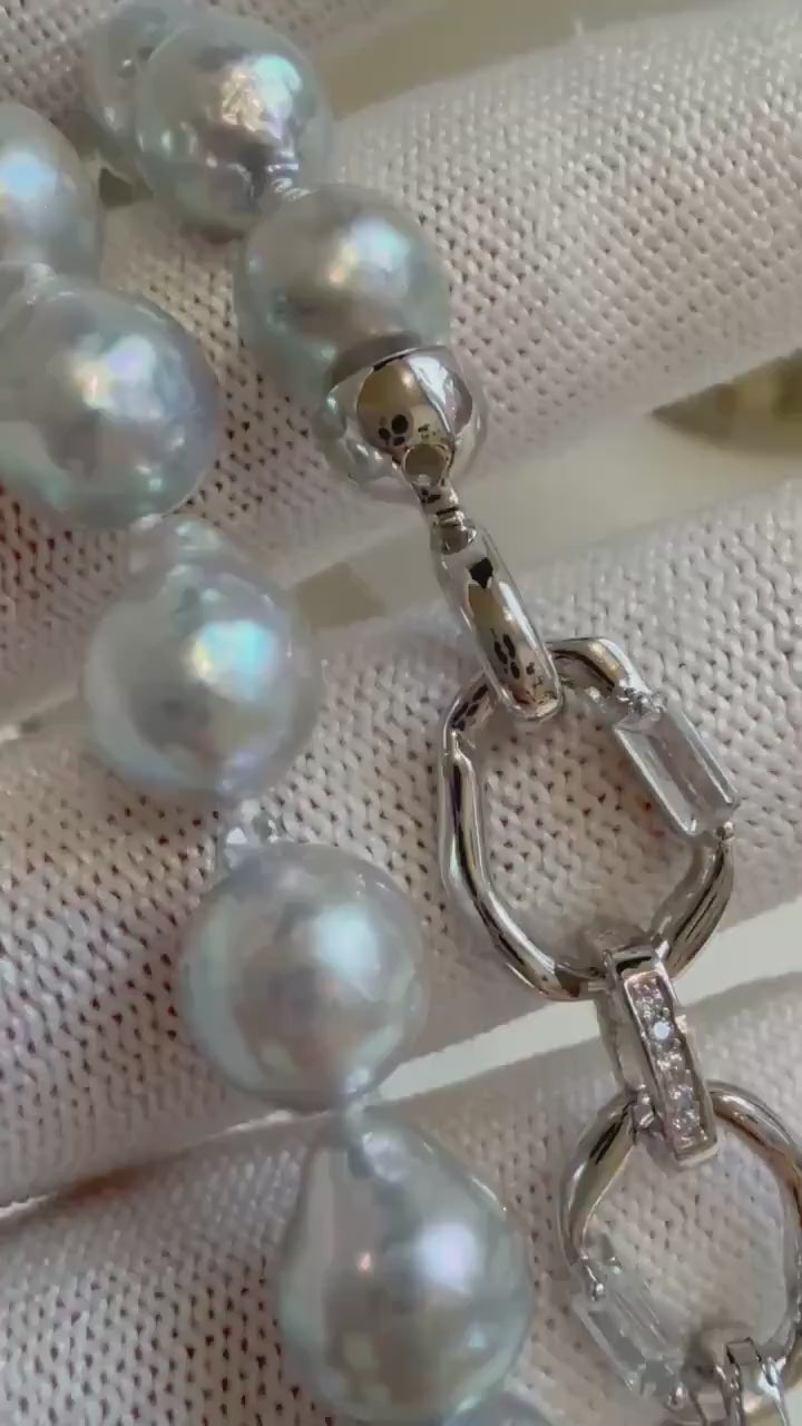 Elly’s 18.8” 41pcs Akoya Natural Blue Silver Ocean pearls long necklace:  Extreme luster, 8.3-8.9mm, Hand knotted, S925 silver necklace.