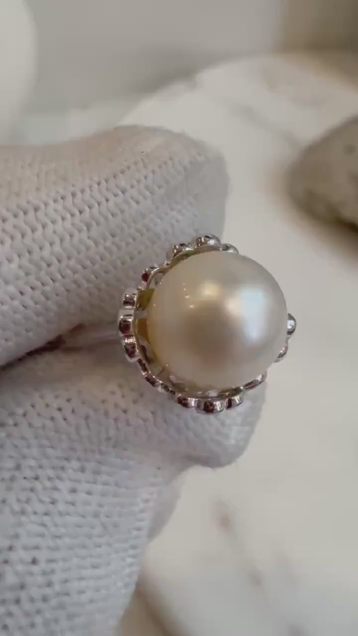 Elly’s Australian Ocean 8.7mm strong luster ivory small Pearl S925 silver minimalist adjustable ring unique gift for her