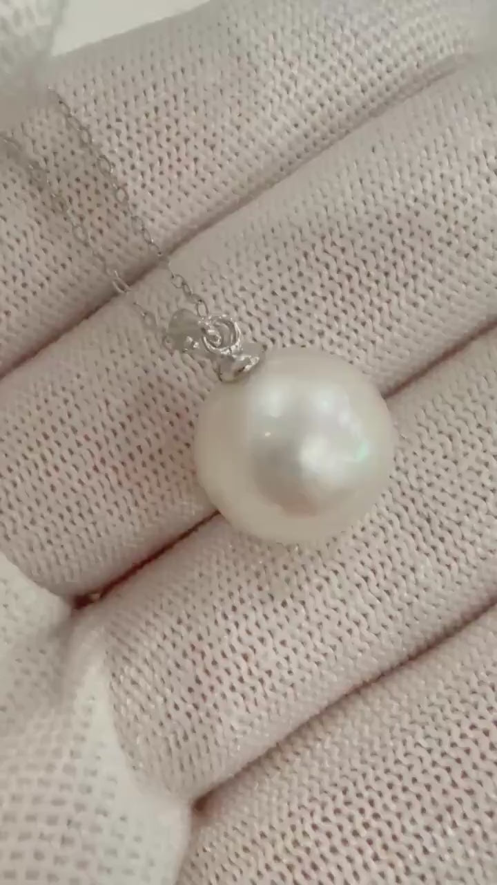 Elly’s 12.4mm Edison Strong luster white Pearl pendant adjustable silver chain minimalist Necklace unique gift for her.