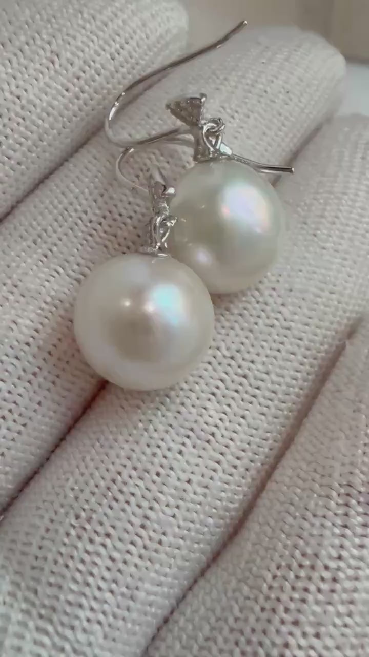 Elly’s Greatvalue! 11.2mm Edison Strong luster white Pearl dazzling butterfly S925 silver earrings hooks unique gift for her.