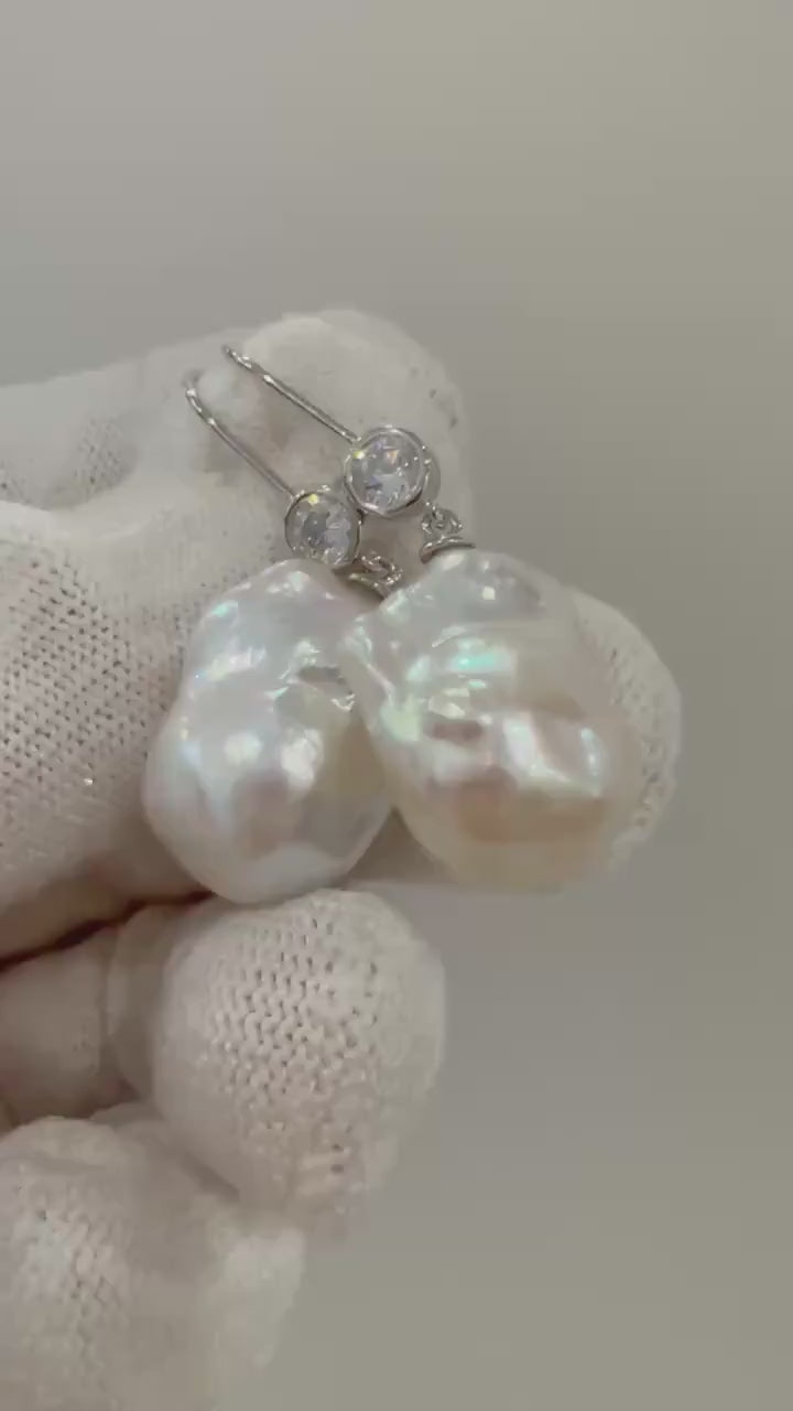 Elly’s Strong luster tail baroque Pearl dangling earrings stylish S925 silver earrings hooks unique gift for her birthday. 14.1mm x 17mm.