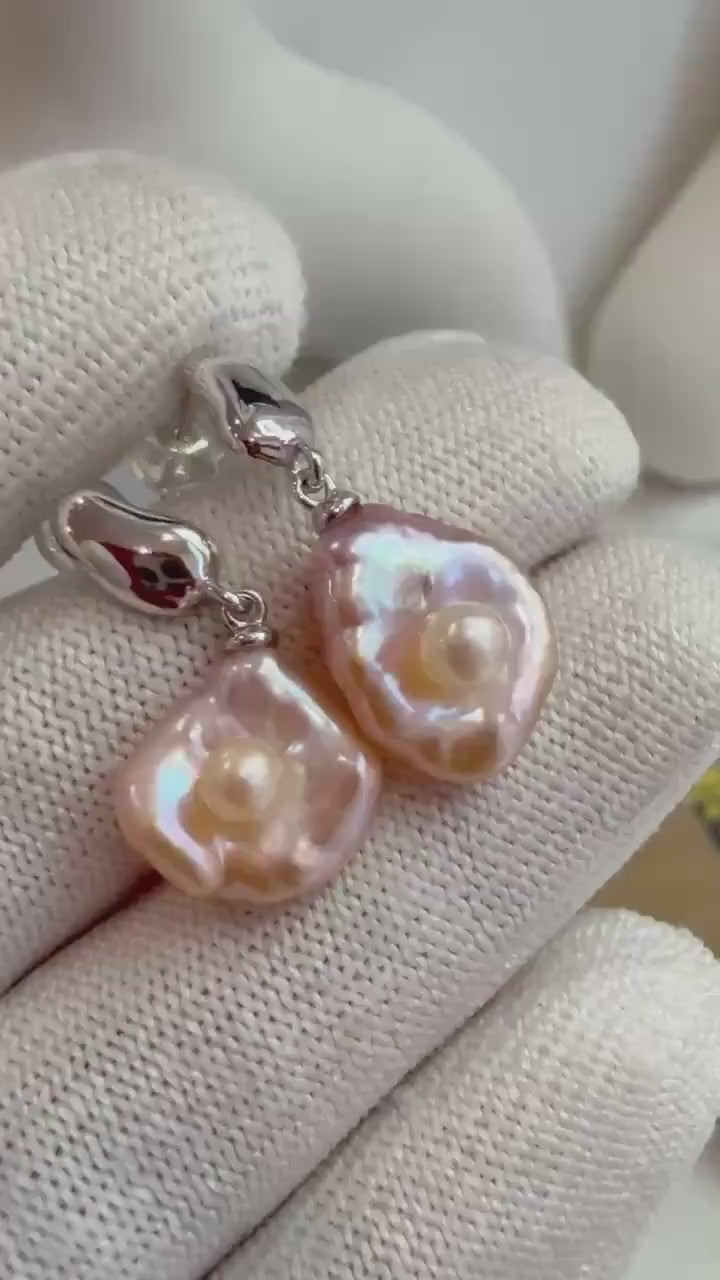 Elly’s Extreme Luster metallic peach rose Keshi pearls S925 silver floral earrings daily office Earrings. To 16mm