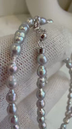 Elly’s Silver Blue color Pink Hue Small pearls necklace choker:  Extreme luster, to 17.7”, S925 silver clasp.