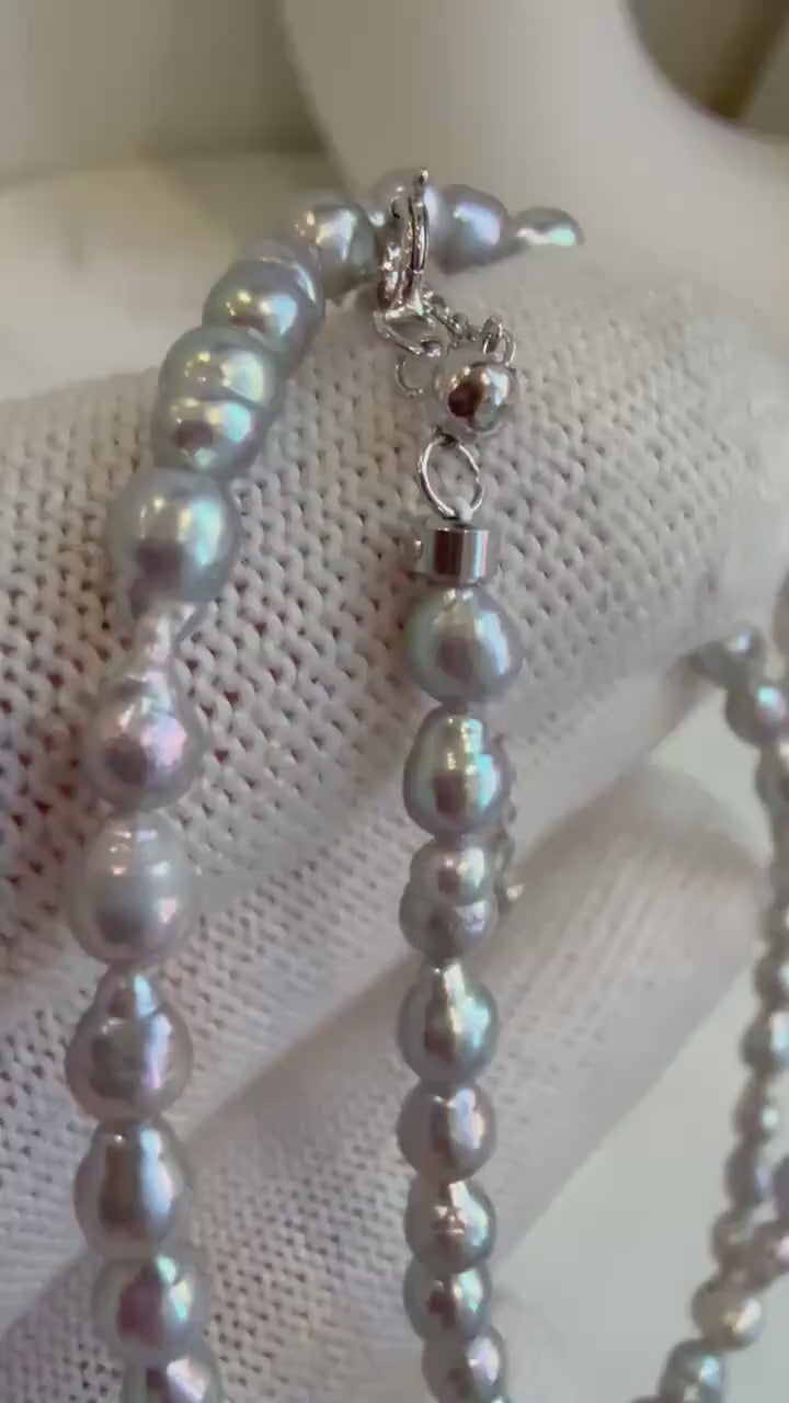 Elly’s Silver Blue color Pink Hue Small pearls necklace choker:  Extreme luster, to 17.7”, S925 silver clasp.